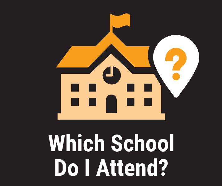 Which School Do I Attend? Illustration of school building with map pin with question mark.